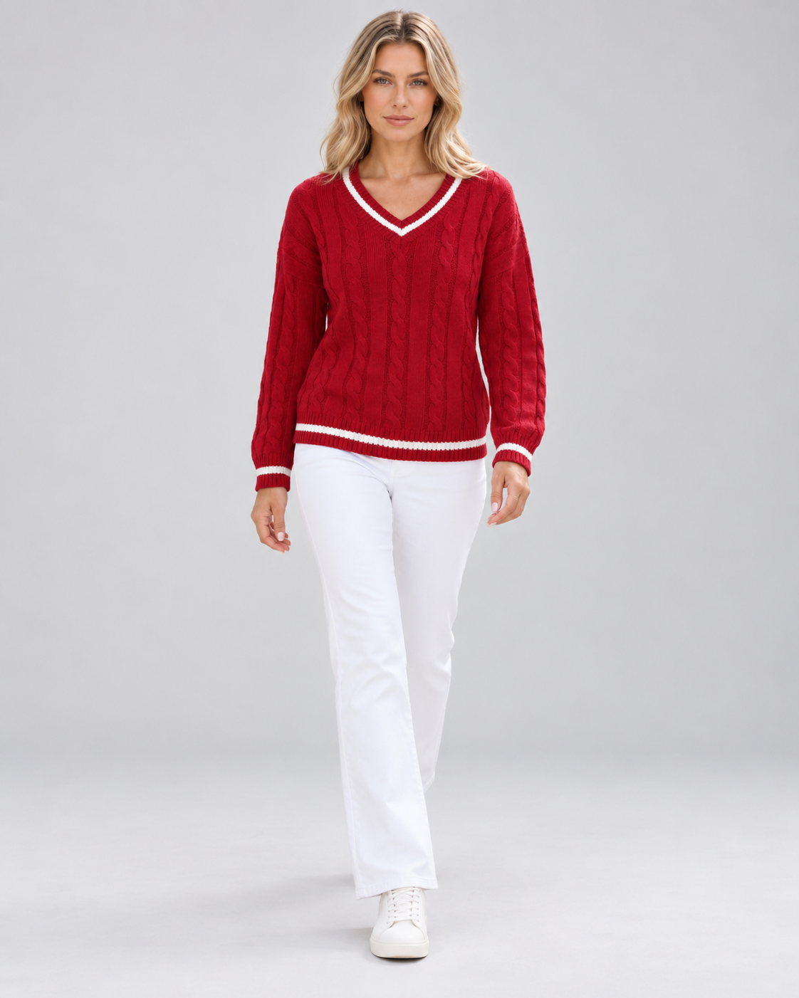 Blanche | Cable Knit V-Neck Knitted Sweater for Women