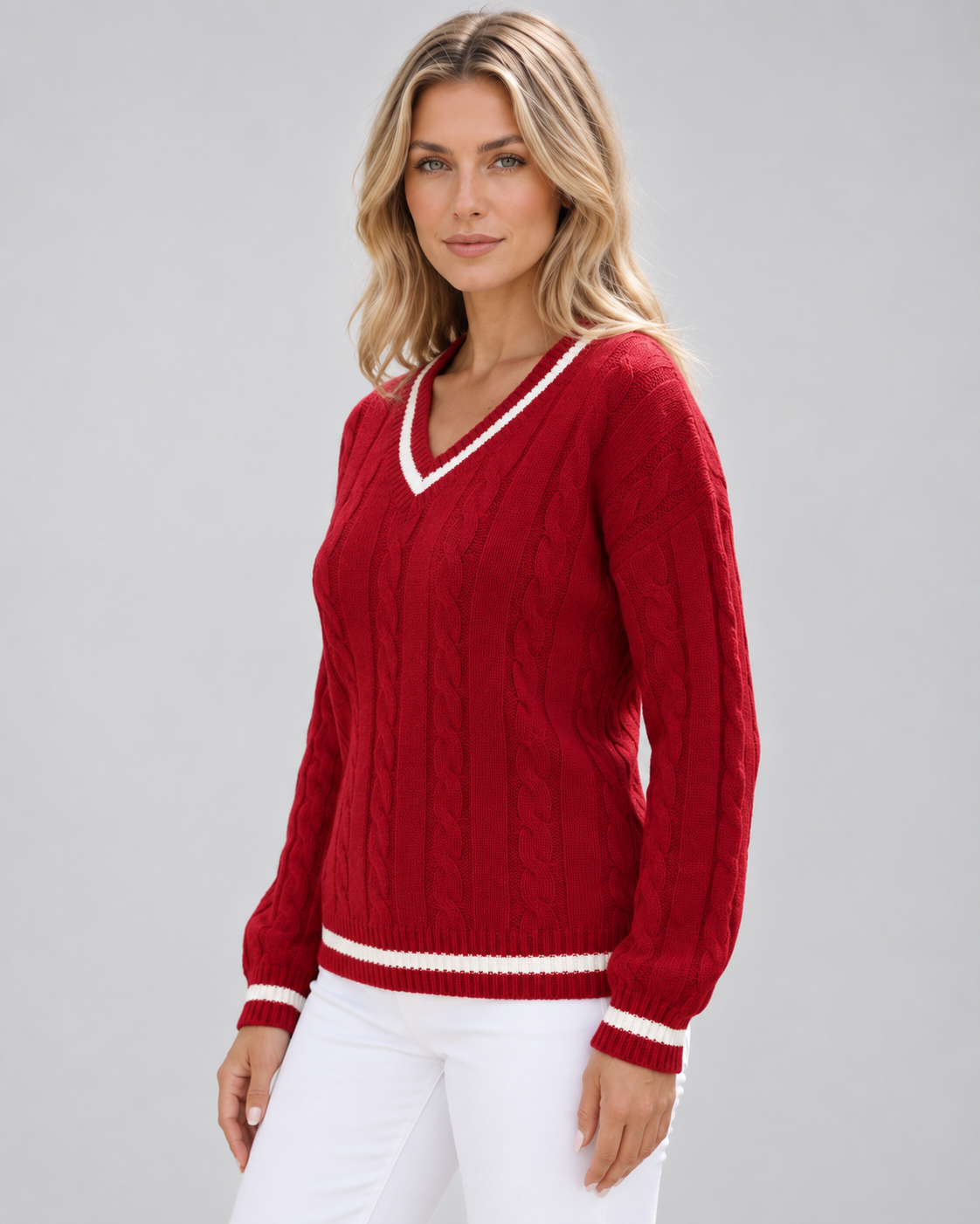 Blanche | Cable Knit V-Neck Knitted Sweater for Women