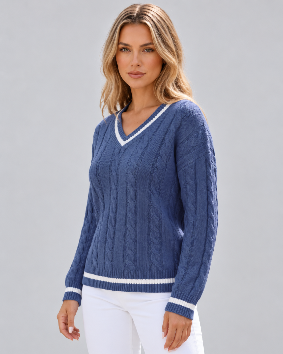 Blanche | Cable Knit V-Neck Knitted Sweater for Women
