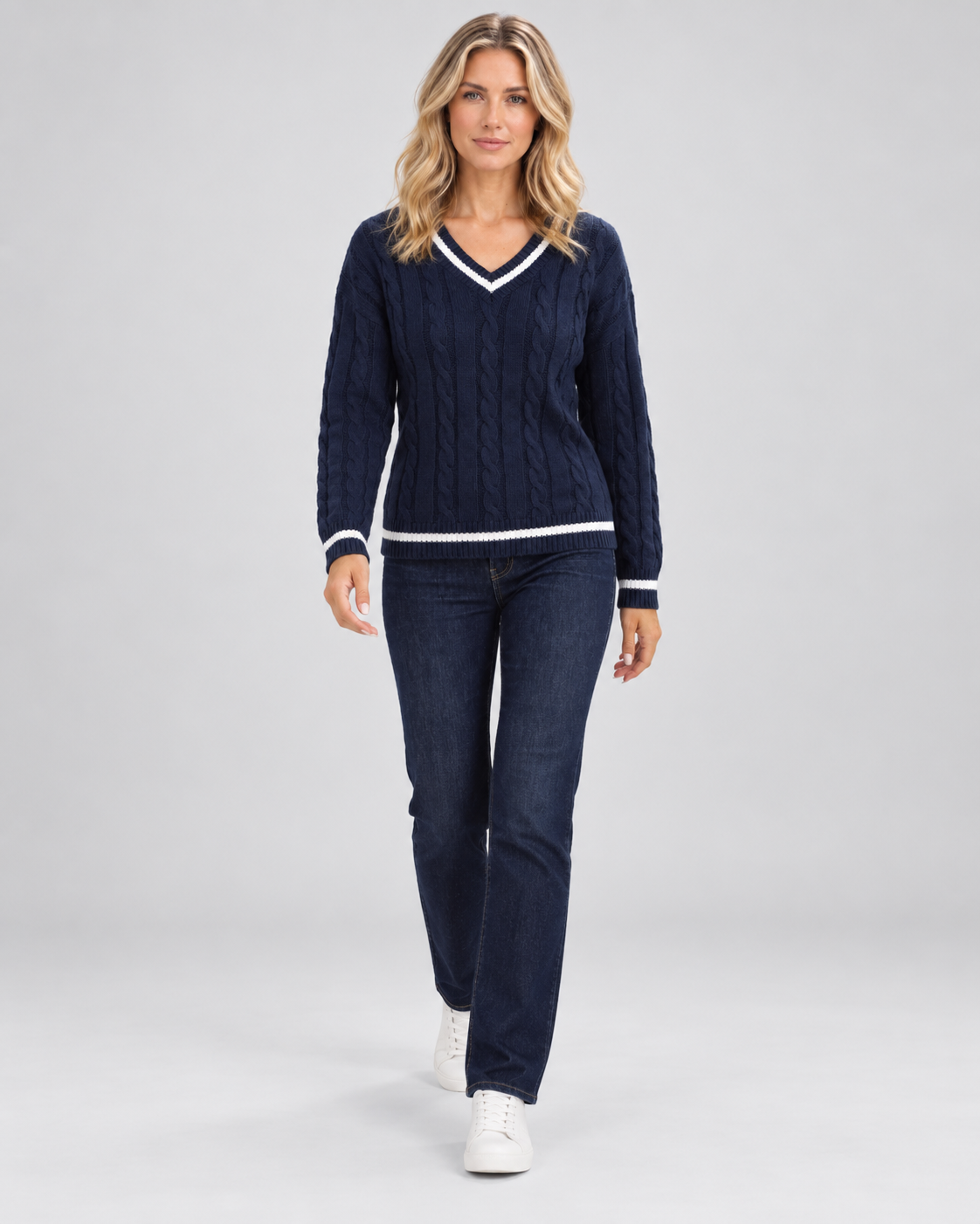 Blanche | Cable Knit V-Neck Knitted Sweater for Women