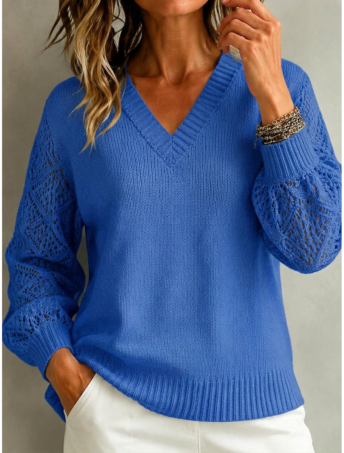 Malin Cable Knit Sweater with V-Neck Crochet Sleeves for Women