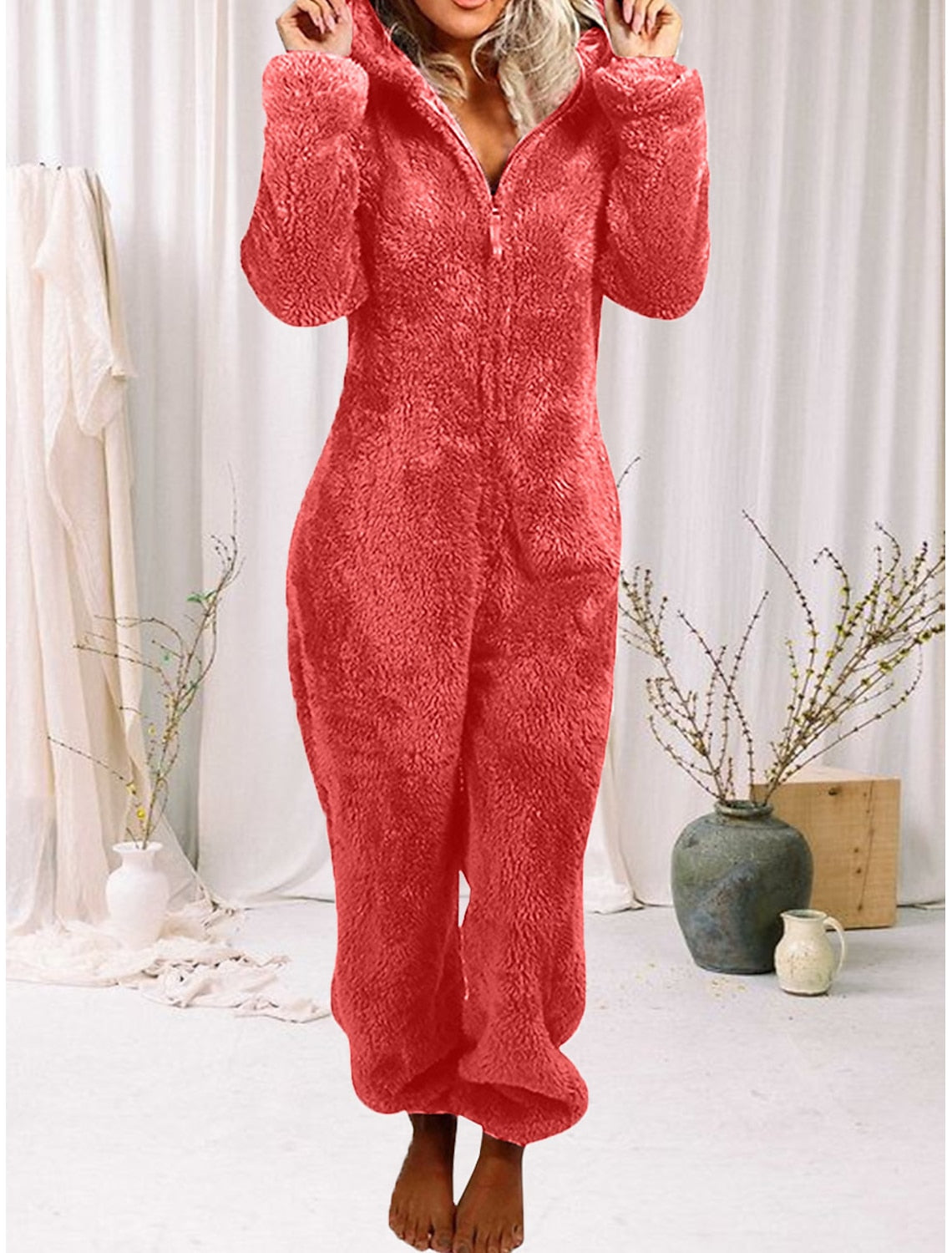 Gaia | Hooded Fleece Pajama Zip-Up Jumpsuit for Women
