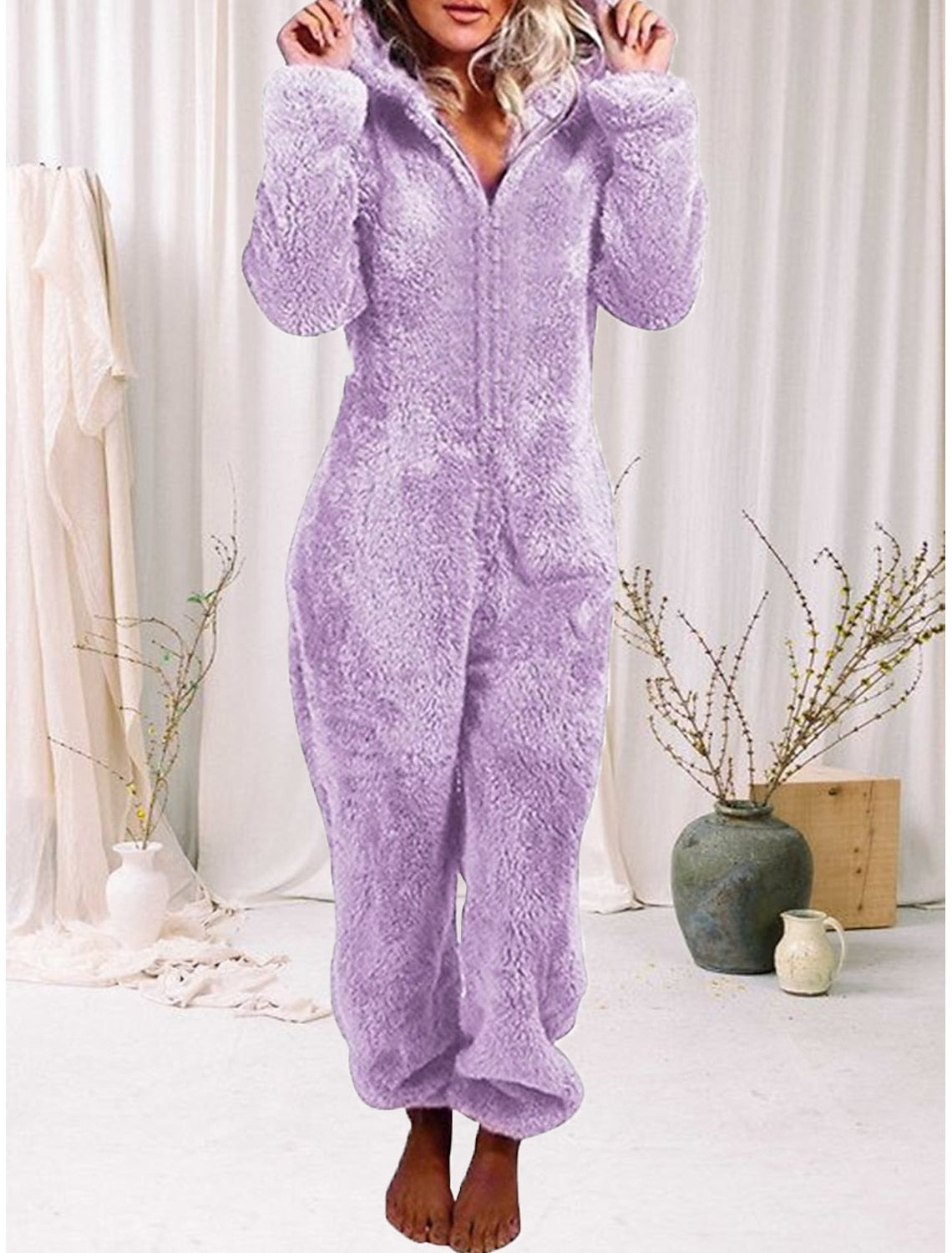 Gaia | Hooded Fleece Pajama Zip-Up Jumpsuit for Women