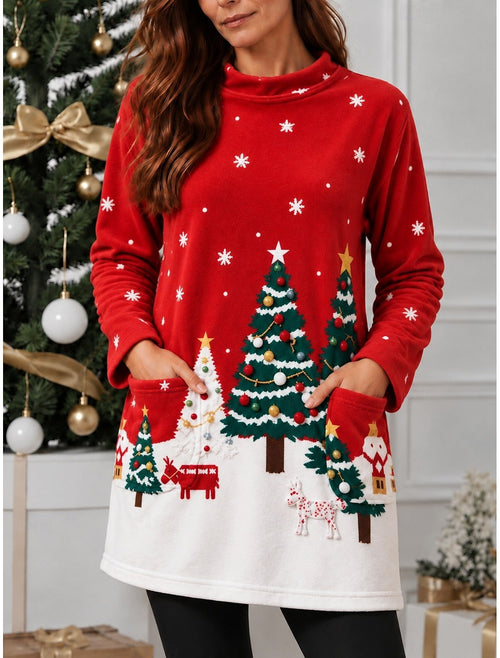 Alira | Christmas Dress Style Tree Print Stand Collar Sweater