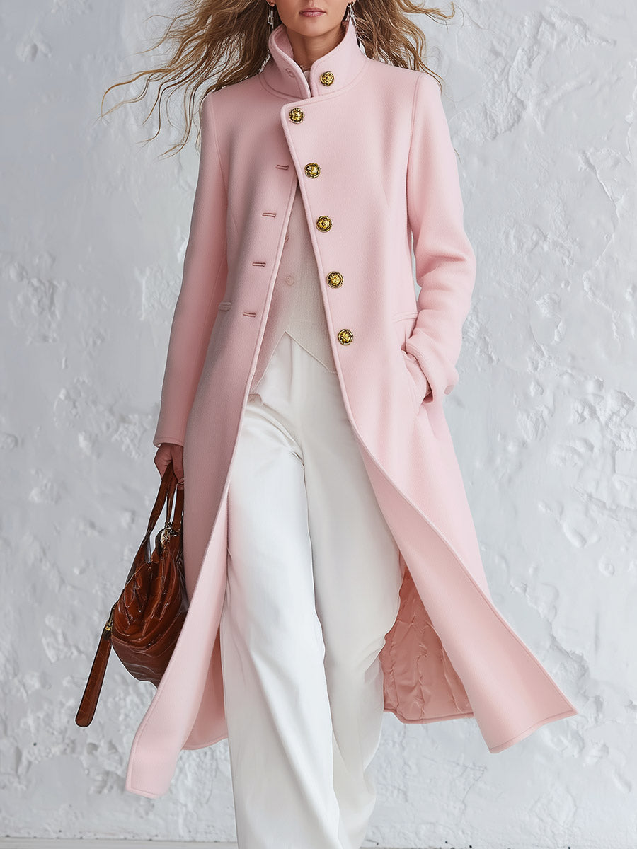 Priscille | Pink Stand-Collar Winter Coat with Single-Breasted Buttons