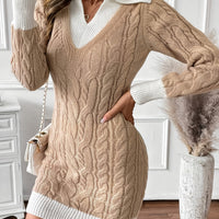 Gaby | Cable-Knit V-Neck Sweater Dress with Contrast Cuffs