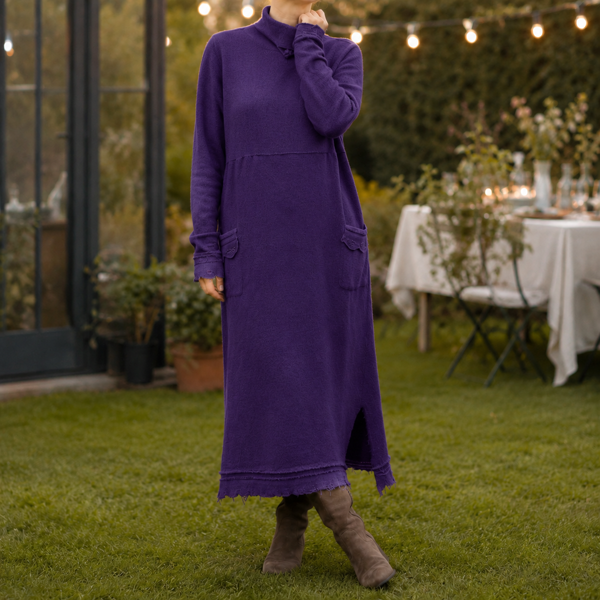Dominique | Ribbed Mock Neck Long Sleeve Dress with Pockets