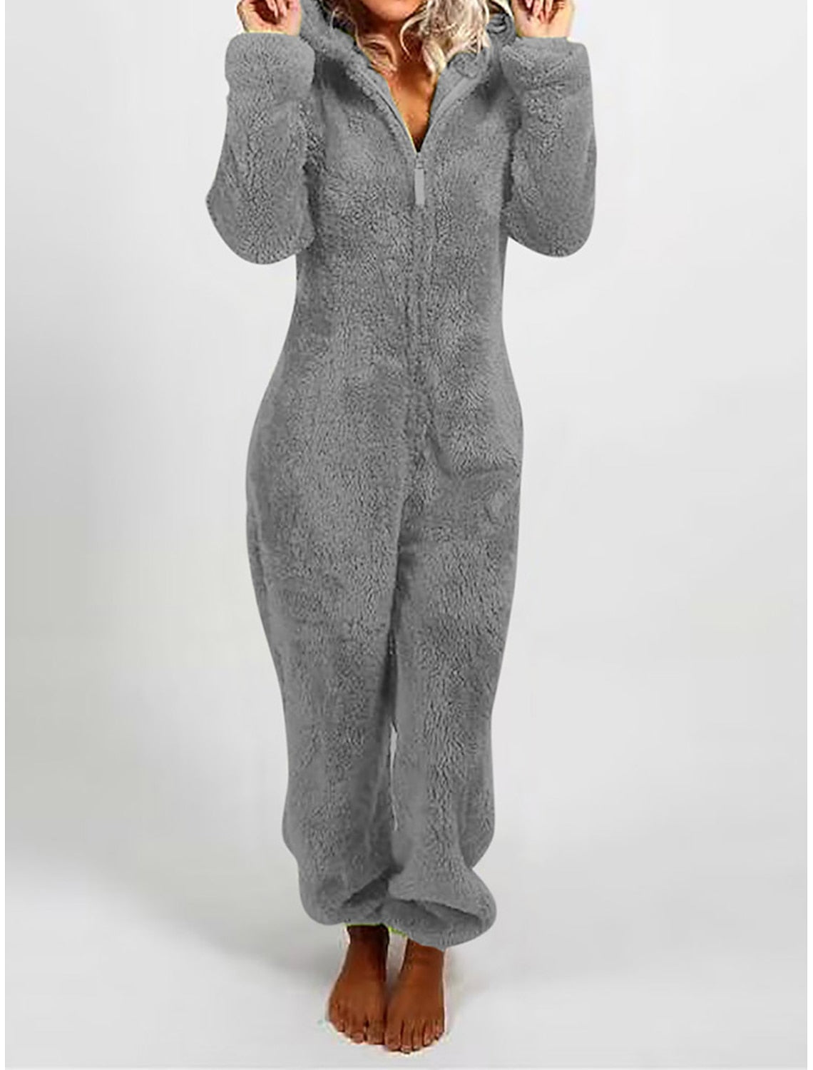 Gaia | Hooded Fleece Pajama Zip-Up Jumpsuit for Women