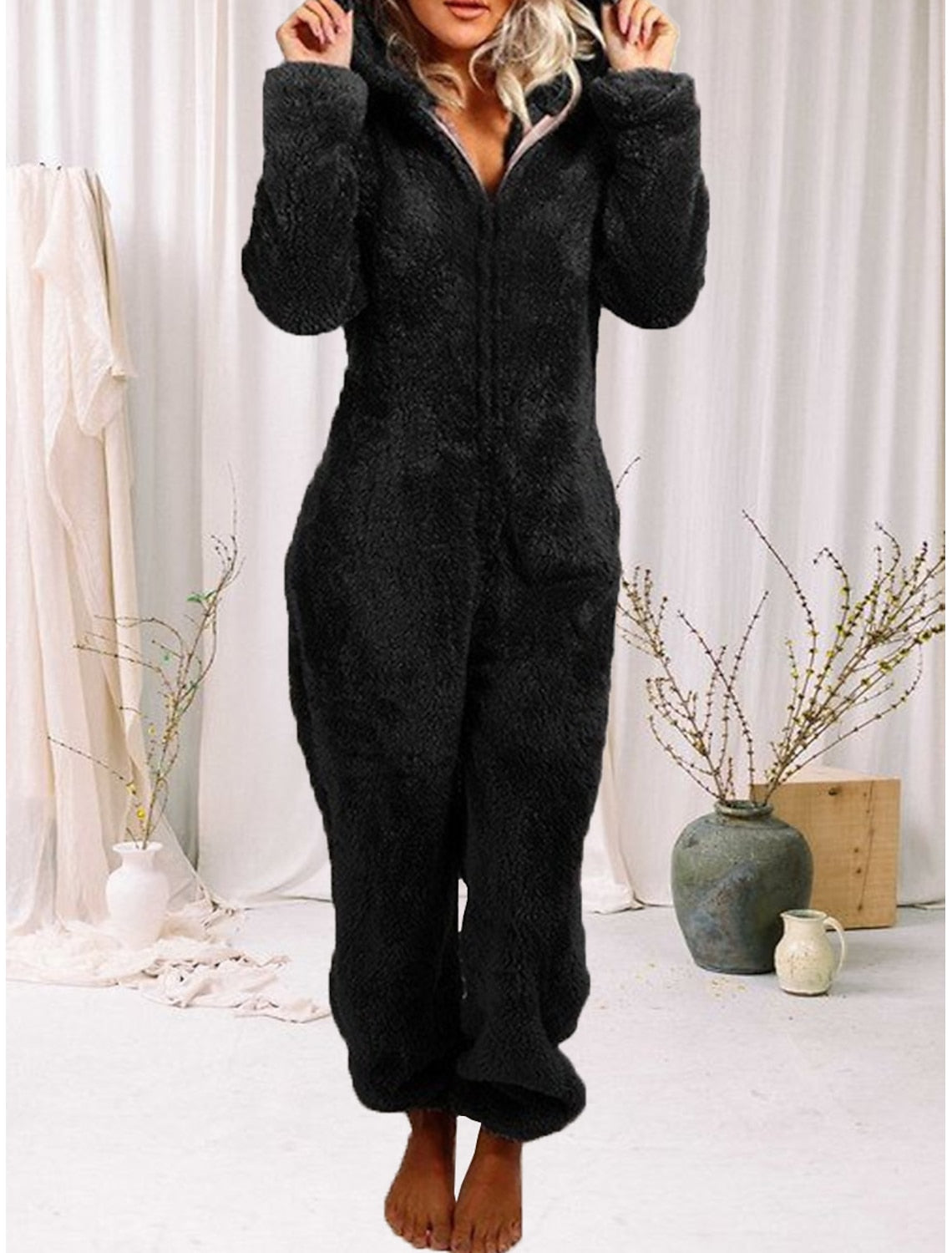 Gaia | Hooded Fleece Pajama Zip-Up Jumpsuit for Women