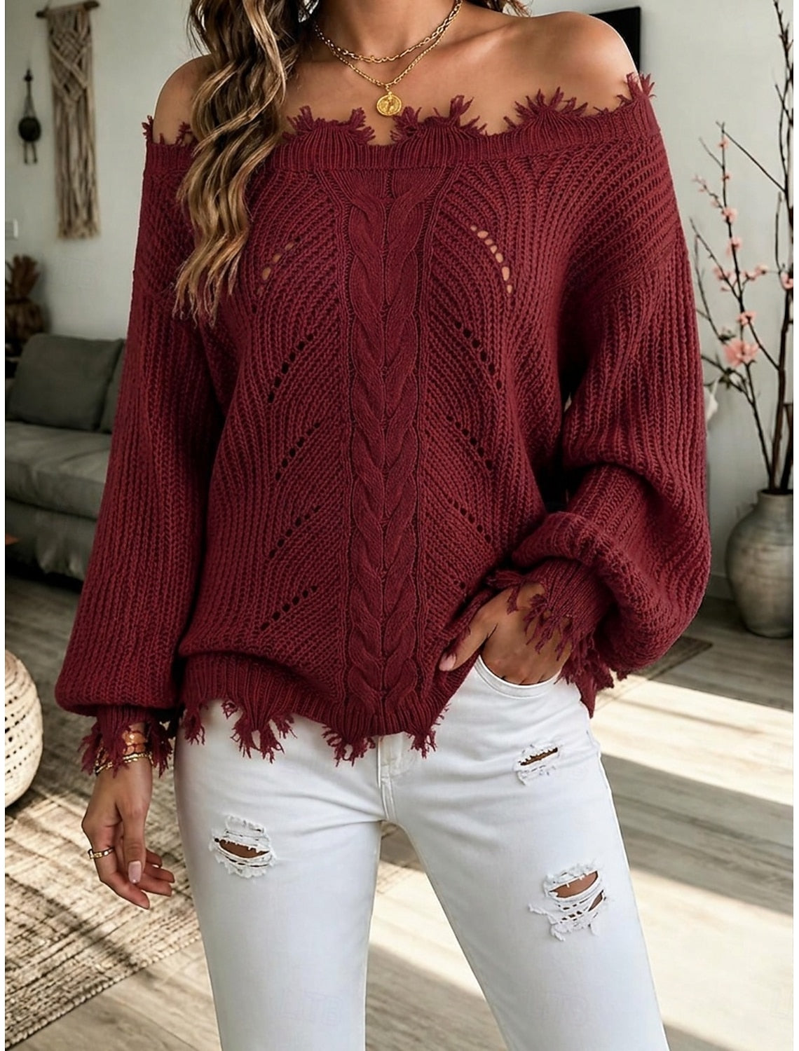 Merel Cable Knit Sweater with Cold-Shoulder Cutout for Women