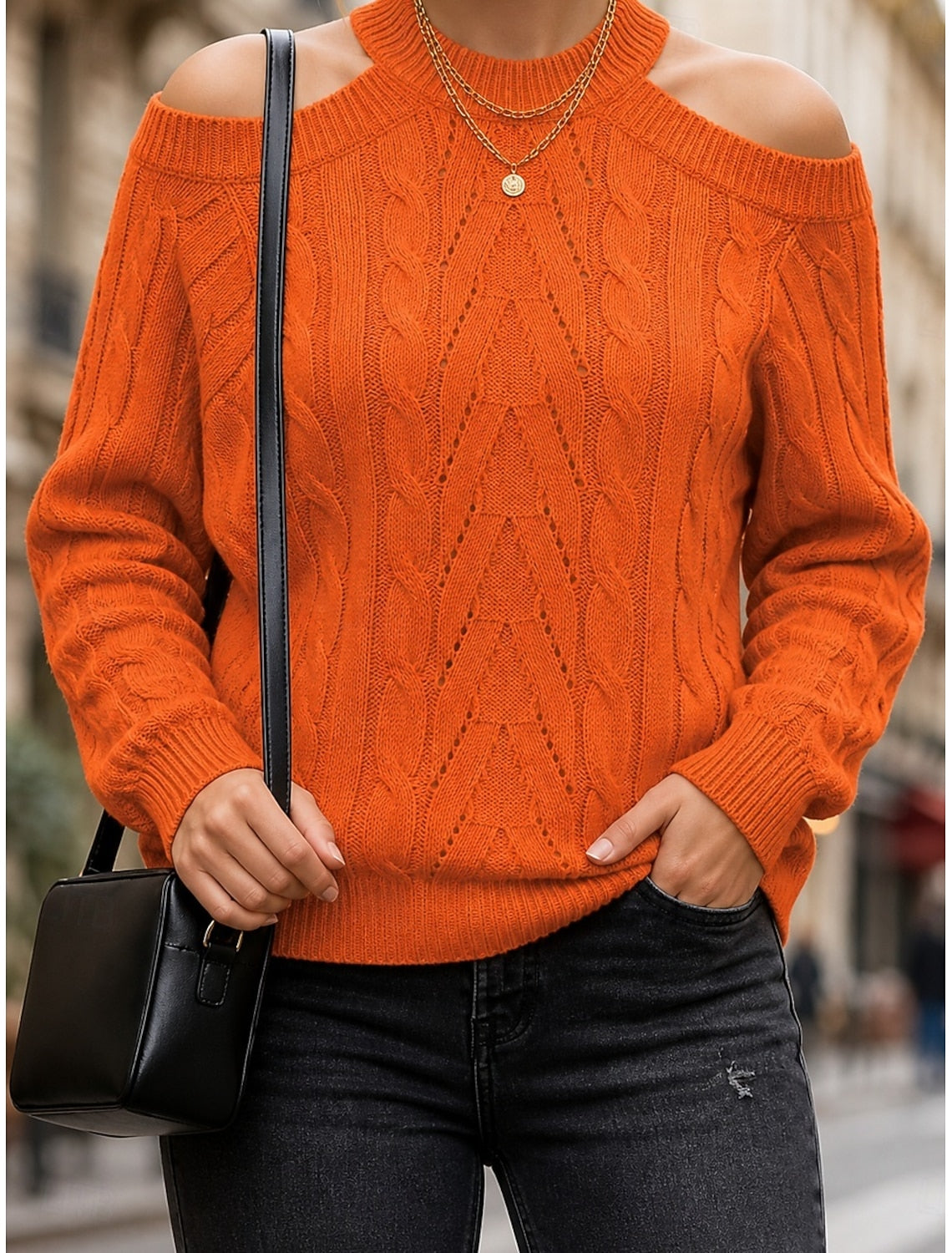 Merel Cable Knit Sweater with Cold-Shoulder Cutout for Women