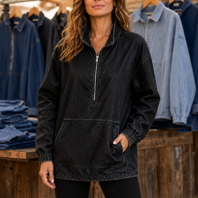 Hanna | Boxy Washed Denim-Look Half-Zip Pullover for Women