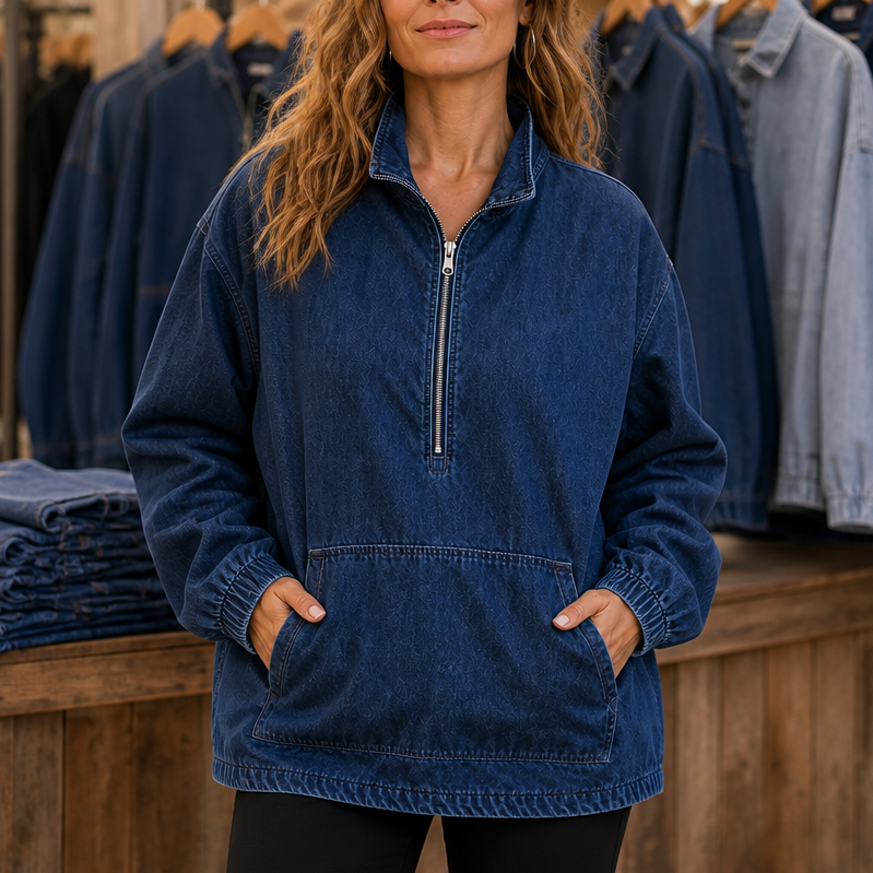 Hanna | Boxy Washed Denim-Look Half-Zip Pullover for Women