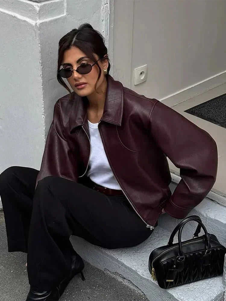 Okje | Collared Vegan Leather Jacket for Women