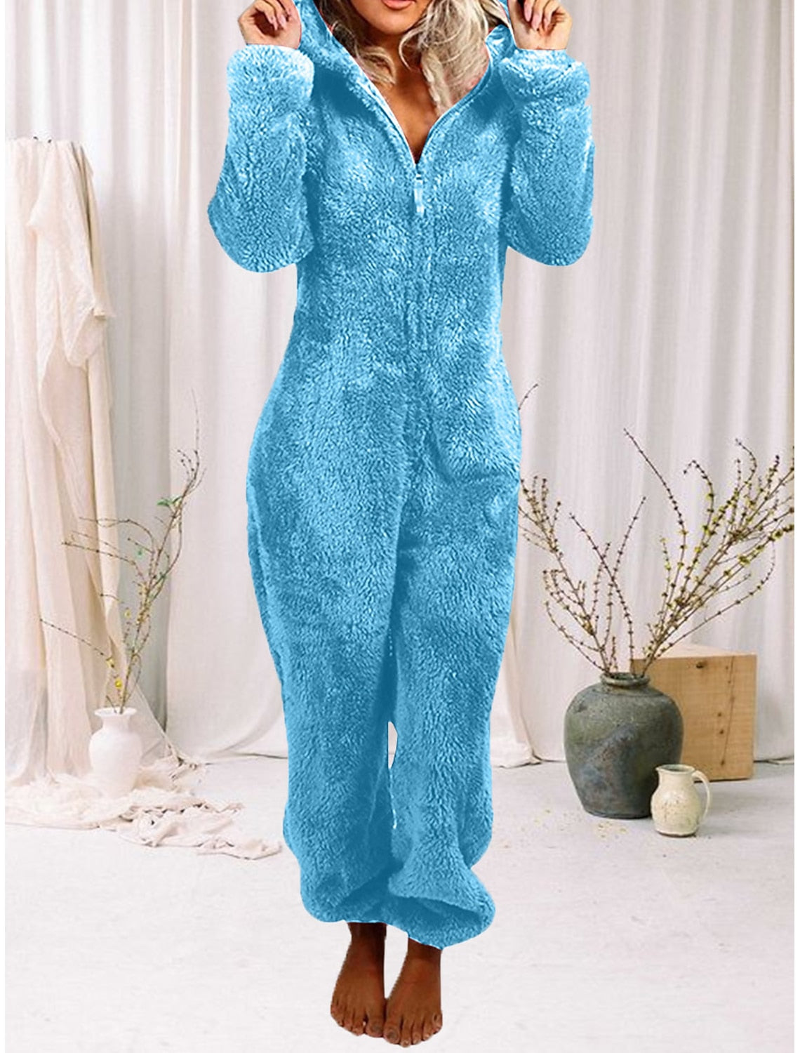 Gaia | Hooded Fleece Pajama Zip-Up Jumpsuit for Women