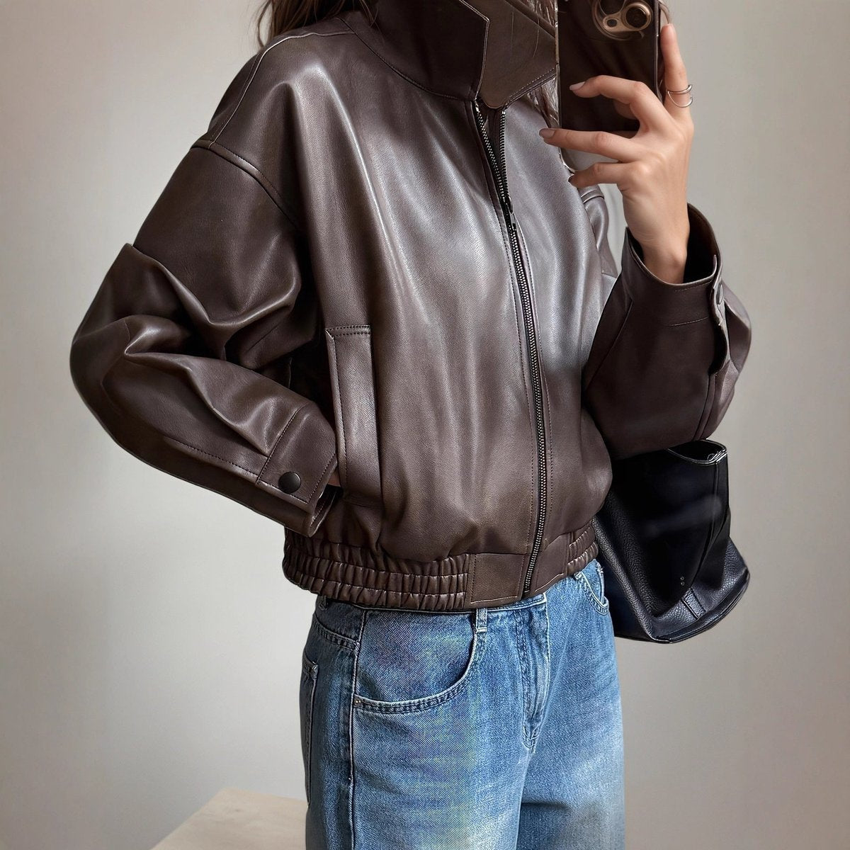 Nadiya | Stand Collar Zip-Up Bomber Leather Jacket for Women