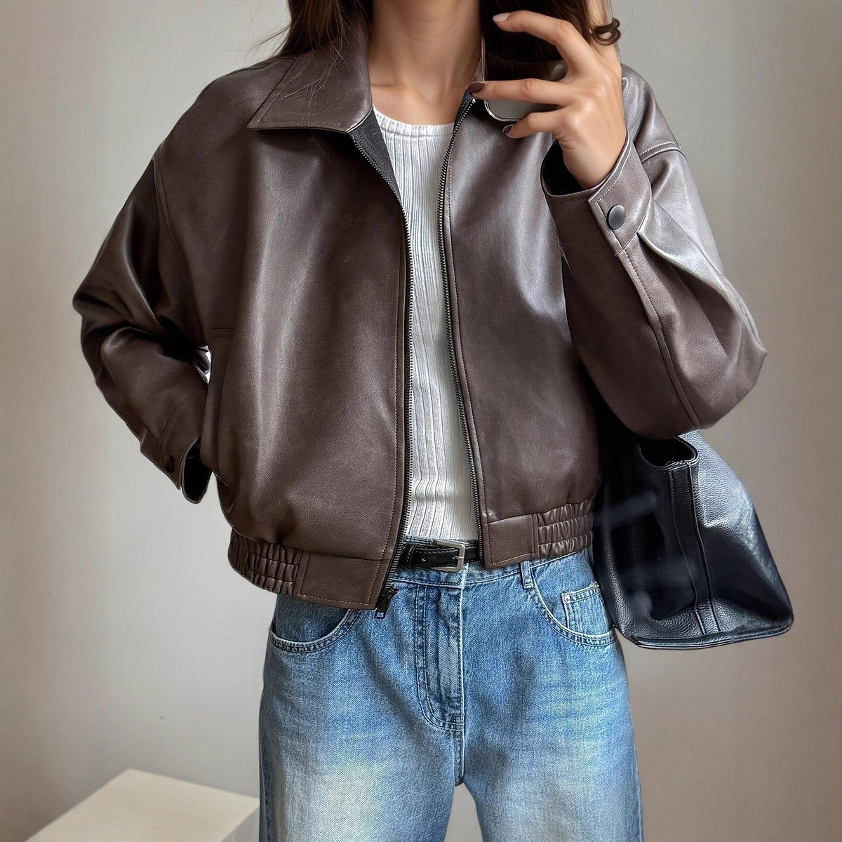 Nadiya | Stand Collar Zip-Up Bomber Leather Jacket for Women