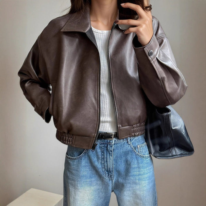 Nadiya | Stand Collar Zip-Up Bomber Leather Jacket for Women