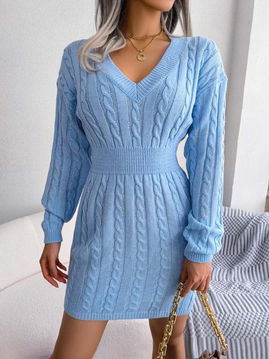 Hedy | V-Neck Cable Knit Sweater Dress with Balloon Sleeves