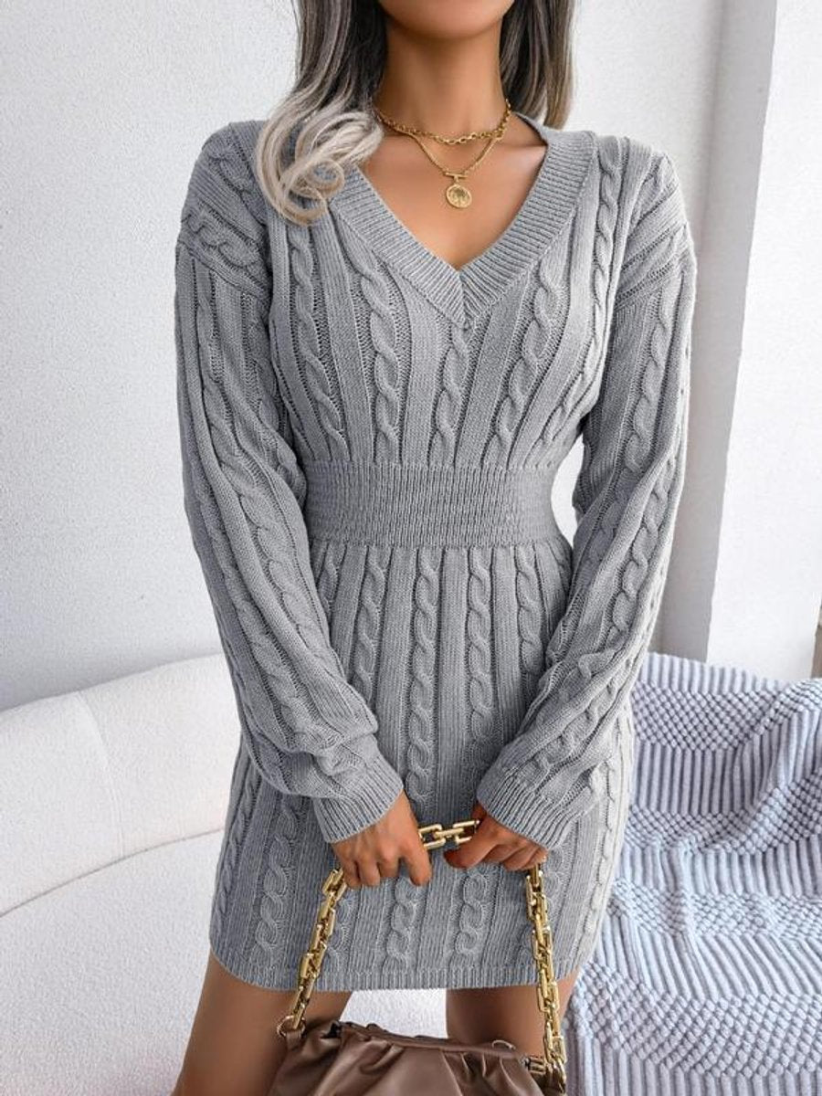 Hedy | V-Neck Cable Knit Sweater Dress with Balloon Sleeves