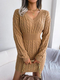Hedy | V-Neck Cable Knit Sweater Dress with Balloon Sleeves