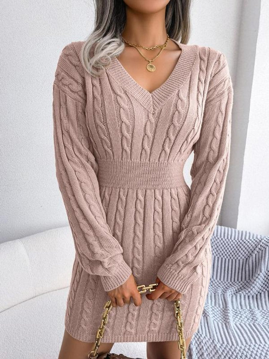 Hedy | V-Neck Cable Knit Sweater Dress with Balloon Sleeves