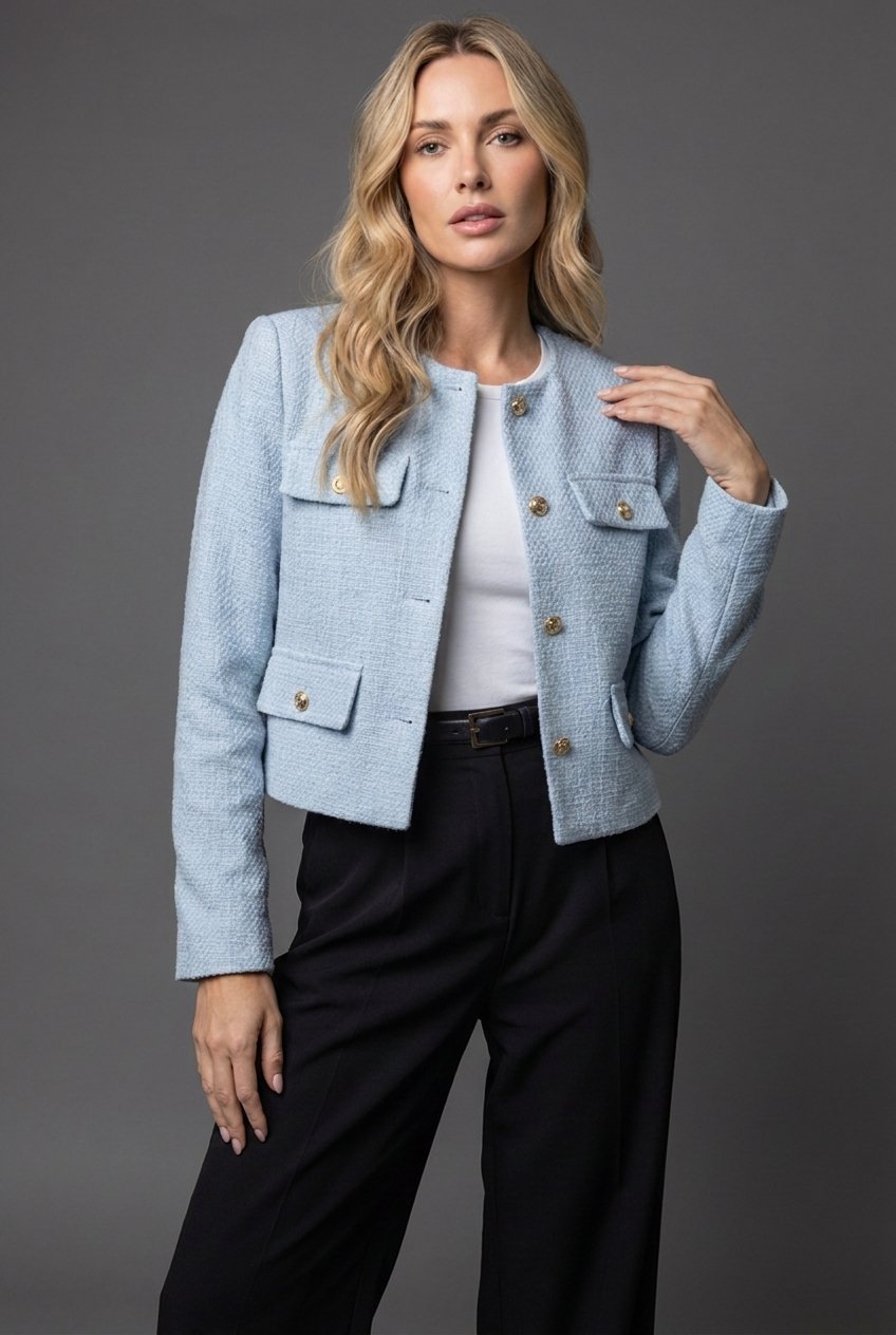 Emberly | Textured Cropped Blazer with Round Neck for Women