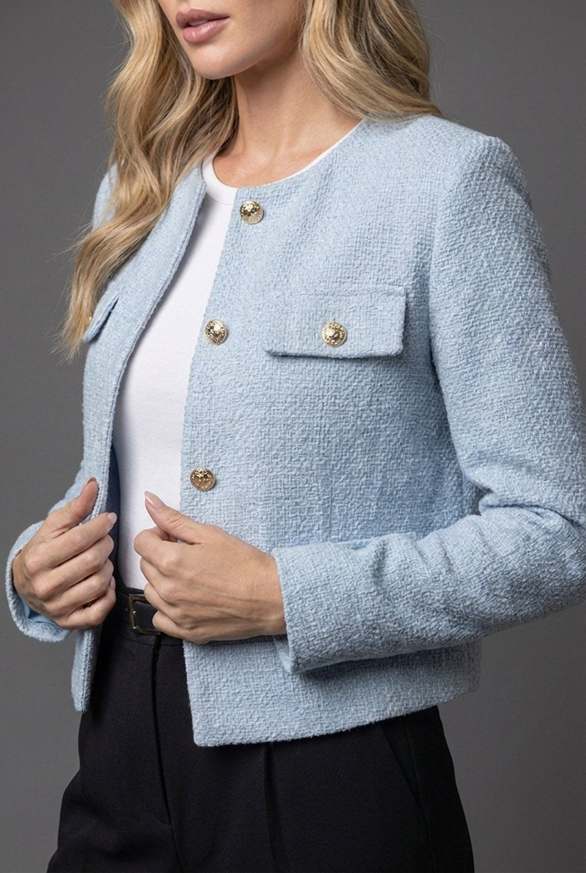 Emberly | Textured Cropped Blazer with Round Neck for Women