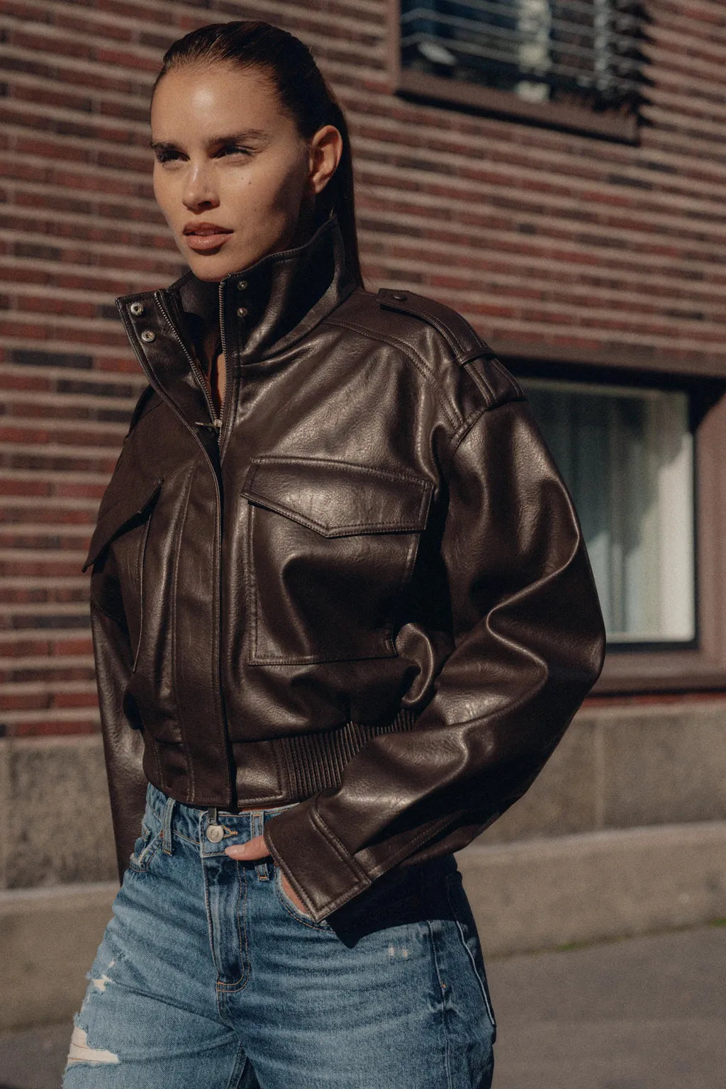 Harlow | Cropped Zip-Front Leather Jacket with Stand Collar