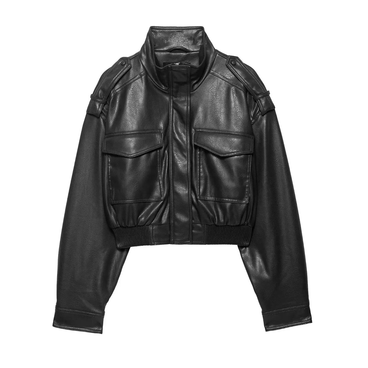 Harlow | Cropped Zip-Front Leather Jacket with Stand Collar