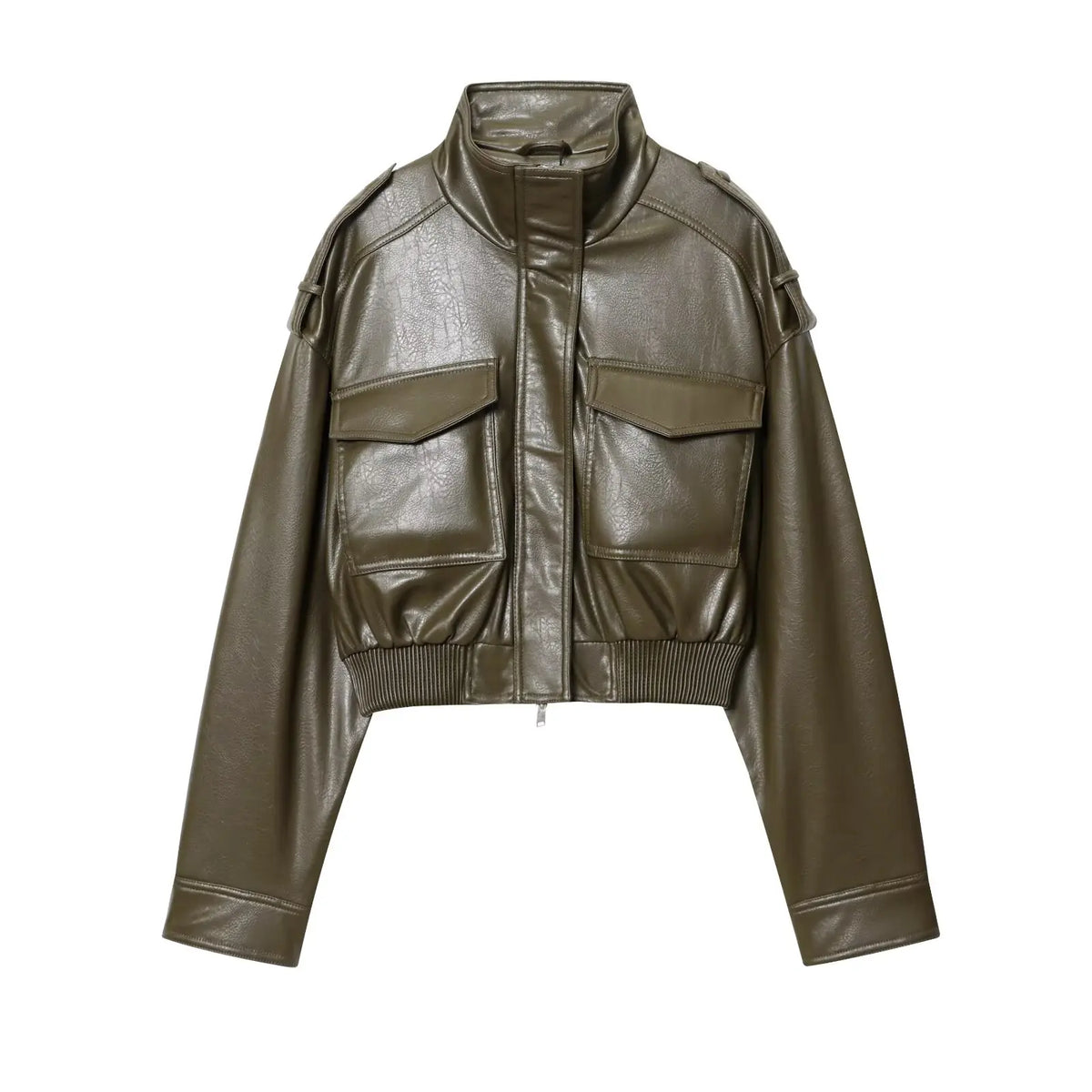 Harlow | Cropped Zip-Front Leather Jacket with Stand Collar