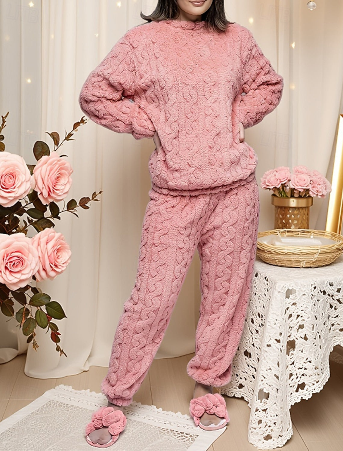 Franziska | Cable-Knit Textured Fleece Pajama Set for Women