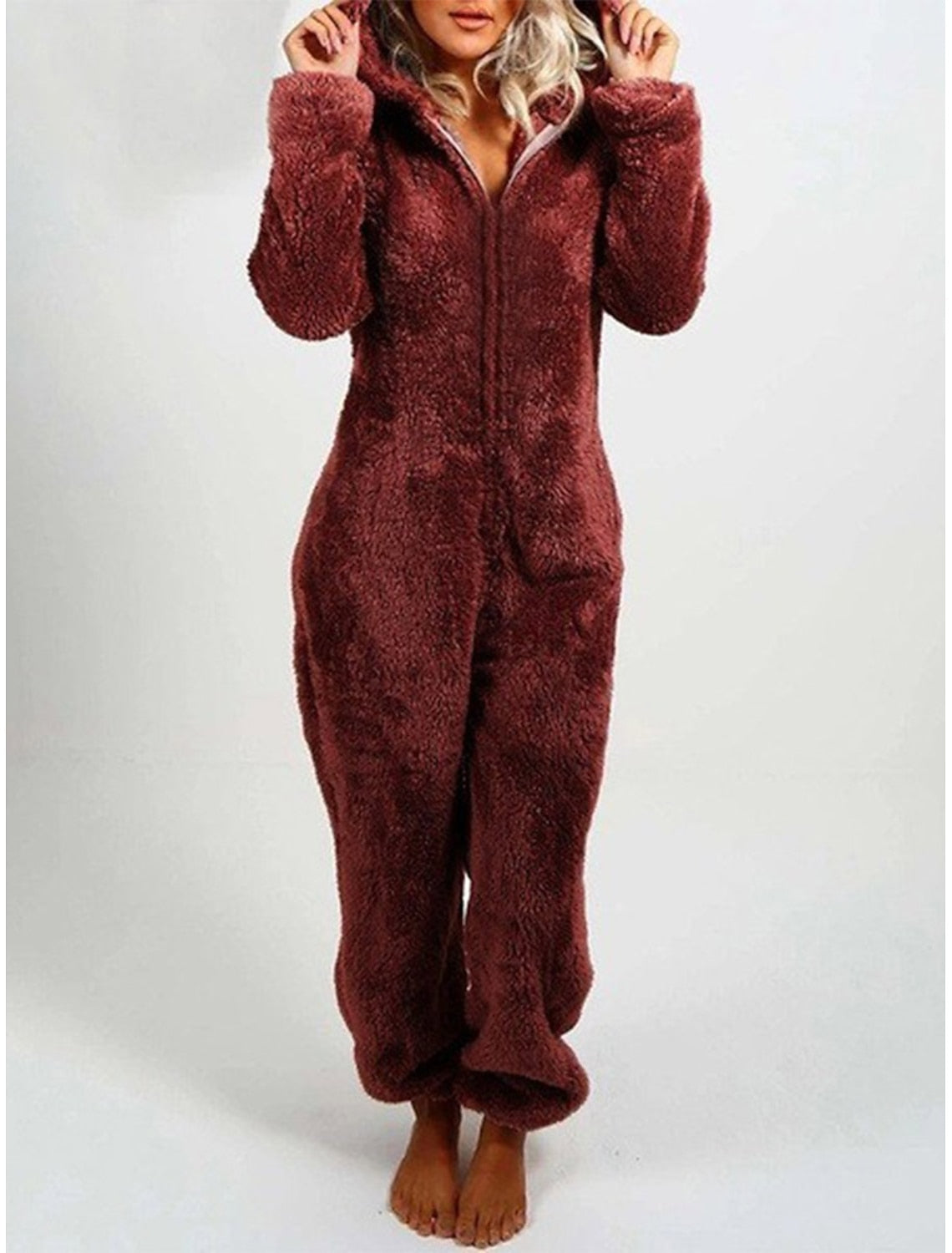 Gaia | Hooded Fleece Pajama Zip-Up Jumpsuit for Women