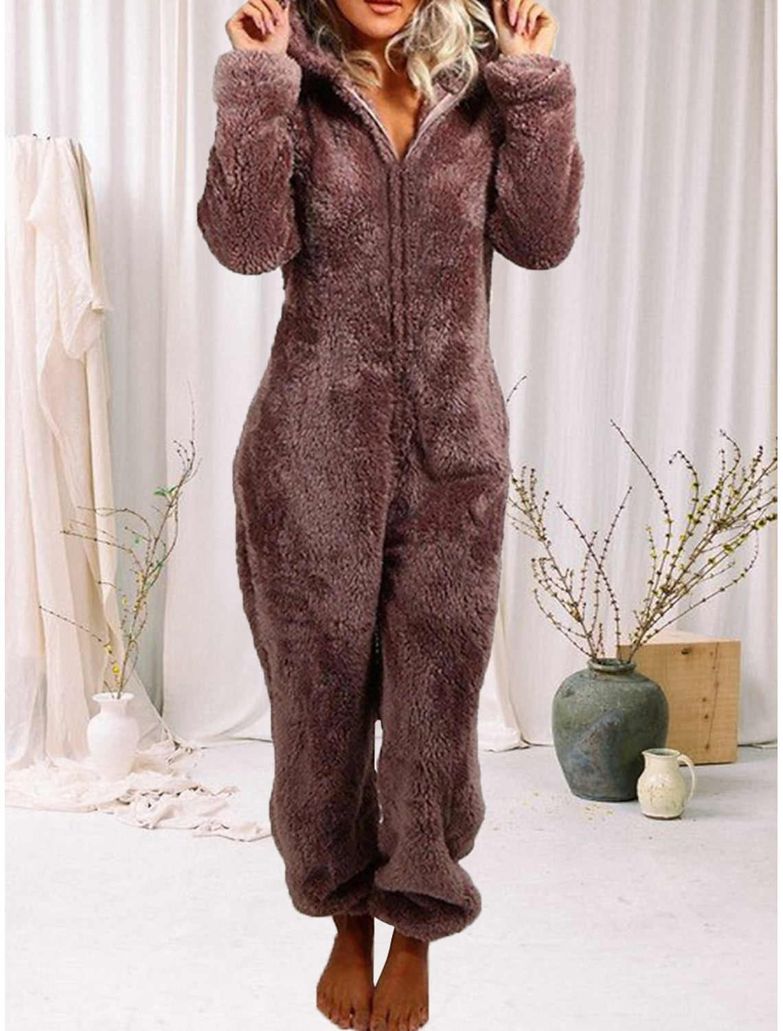 Gaia | Hooded Fleece Pajama Zip-Up Jumpsuit for Women