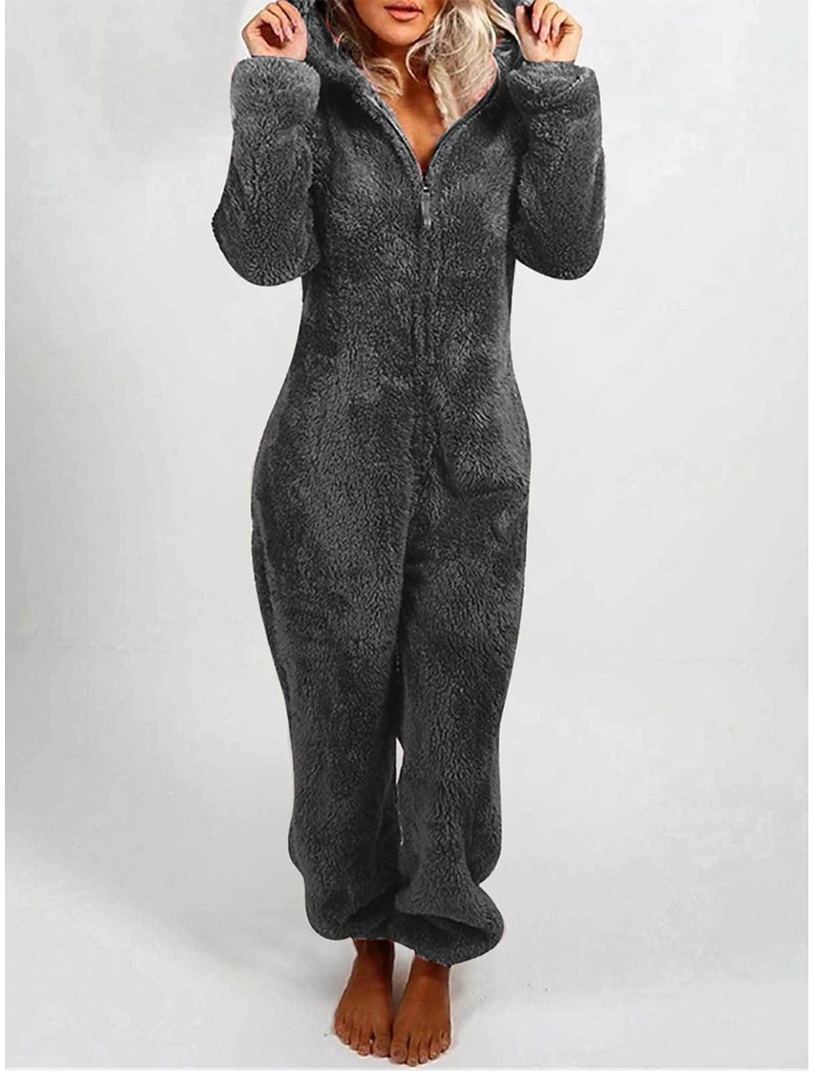 Gaia | Hooded Fleece Pajama Zip-Up Jumpsuit for Women