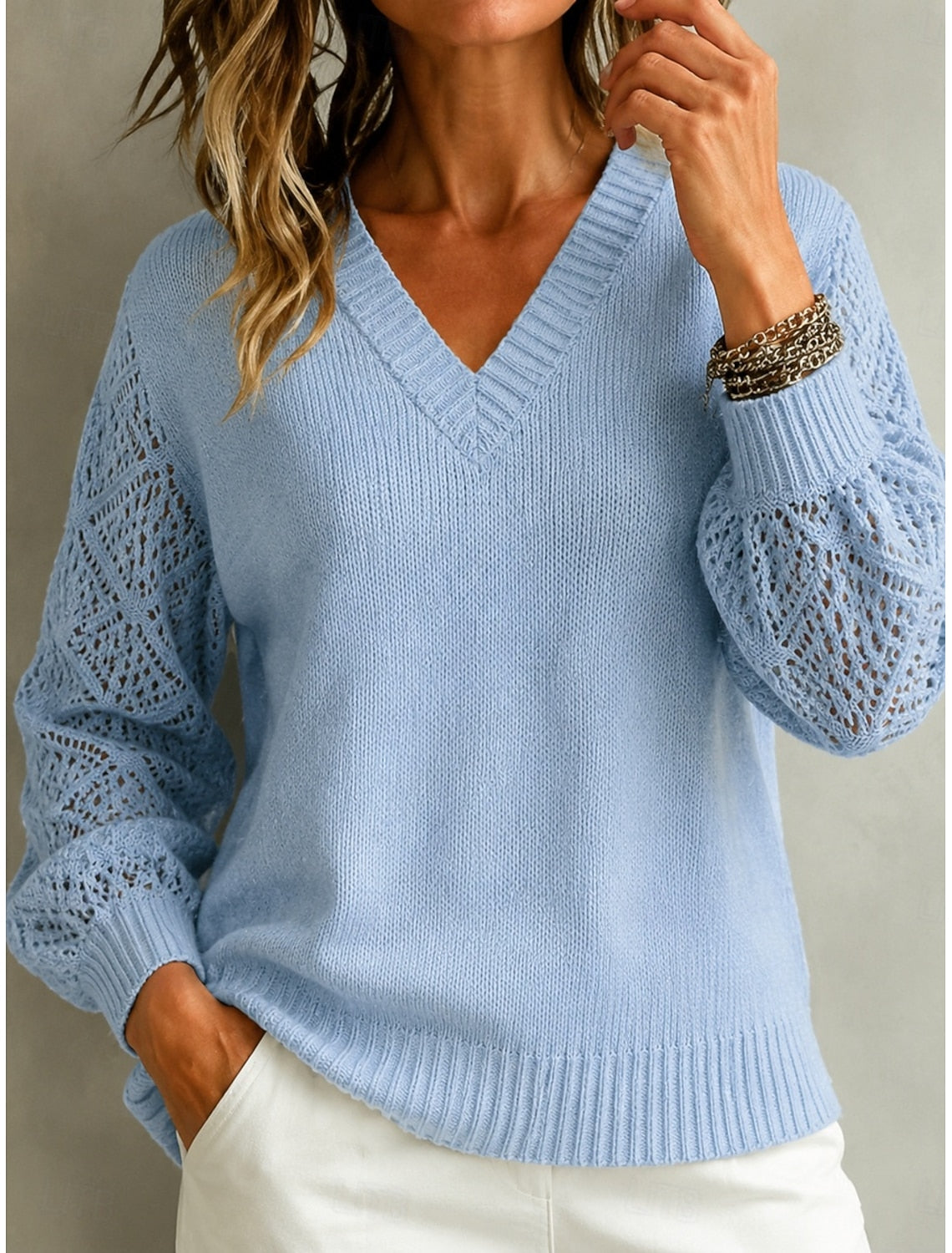 Malin Cable Knit Sweater with V-Neck Crochet Sleeves for Women